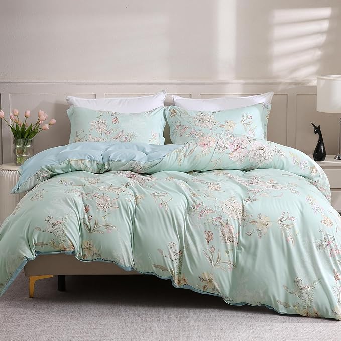 LONAVA King Flower 3 Pcs Duvet Cover Set, Breathable Soft Microfiber Light Blue Lining Comforter Cover with Zipper Closure, and 2 Anti-Pilling, Fade Resistant Pillowcases, Mint Flower