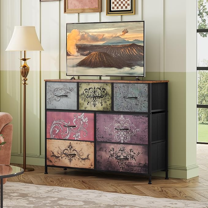 WLIVE Dresser for Bedroom, 7 Drawers, TV Stand, Pattern | 7 roomy fabric drawers, Fits TVs up to 45 inch, Bedroom or living room, Wide storage design, Chest of drawers