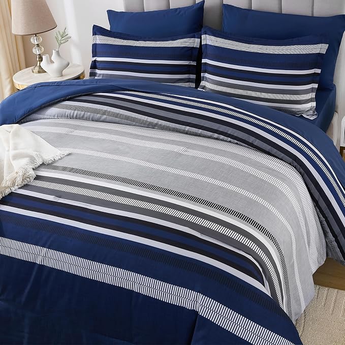 Dobuyly Navy Blue Comforter Full Size Set 7 Pieces, Boho Striped Bed in a Bag Full Soft Microfiber All Season Bedding Set with Comforter, Sheets, Pillowcases & Shams