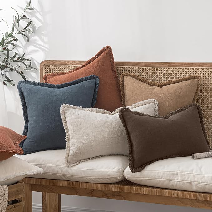 MIULEE Linen Fringe Decorative Fall Euro Pillow Covers Reddish Brown 22x22 | Set of 2, Cottagecore Decor, Boho Farmhouse Neutral Pillow Covers, Rustic Fall Couch Cushion Cases for Sofa Bed Living Room