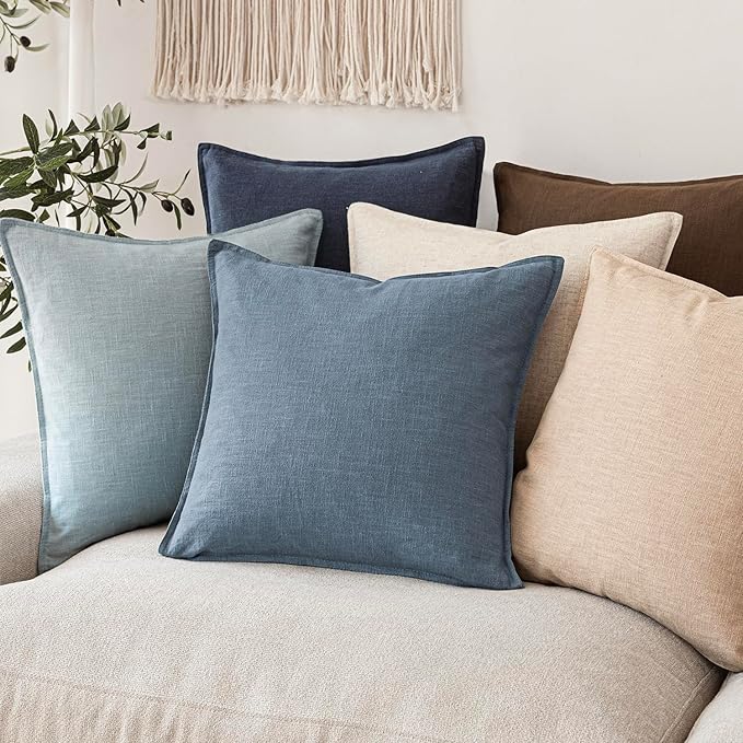 Foindtower Linen Solid Decorative Throw Pillow Covers 16x16 Inch Misty Blue | Pack of 2 Boho Farmhouse Morden Pillowcase,Accent Neutral Cushion Covers,Home Decor for Chair Couch Sofa Bedroom Living Room