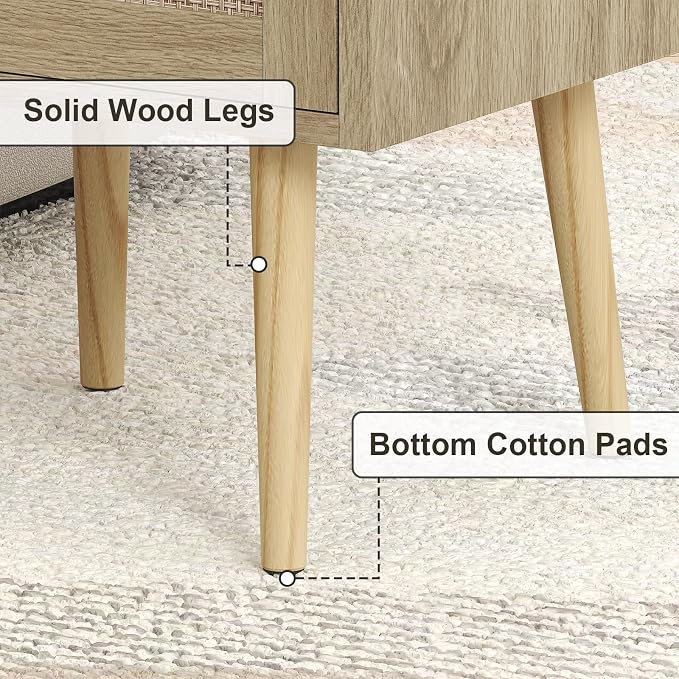 MECHYIN Night Stand with Charging Station & Rattan Decor Drawer, Boho Bedside End Table with Solid Wood Feet, Bed Side Table with Open Storage for Farmhouse Bedroom Living Room Dorm - Natural