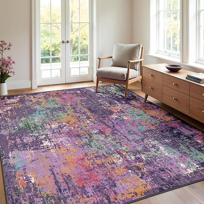 RELEANY Washable 5'x8' Abstract Area Rug for Living Room Purple Multi | Carpet for Bedroom, Kitchen, Office, Hallway and Entryway, Printed Pattern, Non‑Slip, Soft, Stain‑Resistant, Easy to Clean
