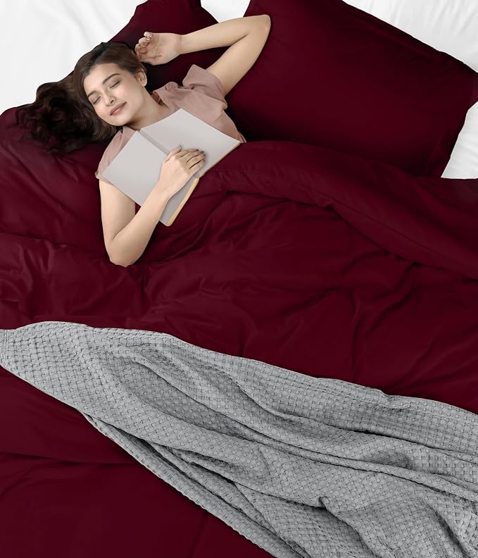Duvet Cover Full, 3 PC Cotton Like Polyester With Zipper Closure, Burgundy | Extra Soft and Breathable, Wrinkle & Fade Resistant, Includes Duvet Cover and 2 Pillow Shams, Comforter Not Included, OekoTex