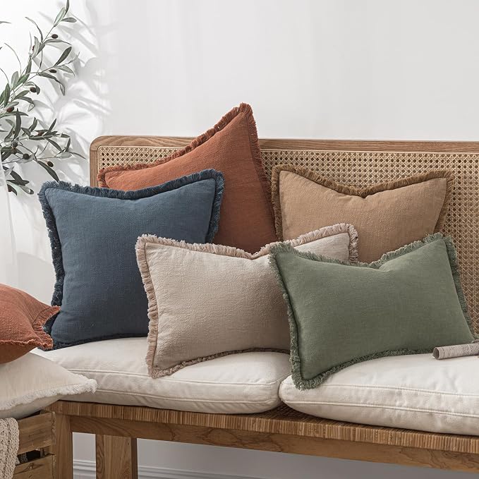 MIULEE Boho Natural Linen Fringe Decorative Euro Throw Pillow Covers 28x28 | Set of 2, Cottagecore Decor, Boho Farmhouse Neutral Pillow Covers, Rustic Couch Cushion Cases for Sofa Bed Living Room