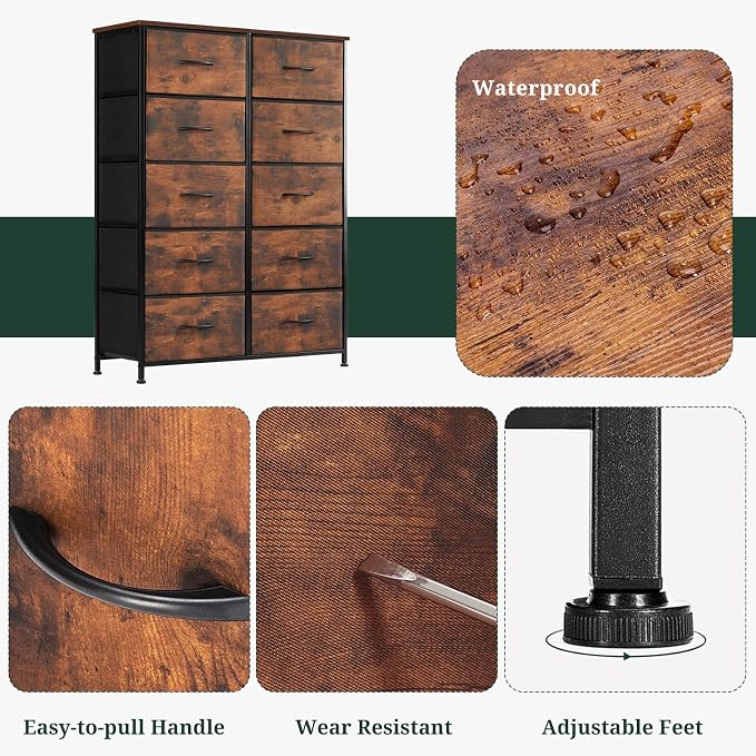 10-Drawer Dresser for Bedroom, Anti-Tip Tall Storage Organizer | Chest of Drawers with Wooden Top and Metal Frame Fabric Bins for Closet, Living Room, Hallway, Entryway, Brown