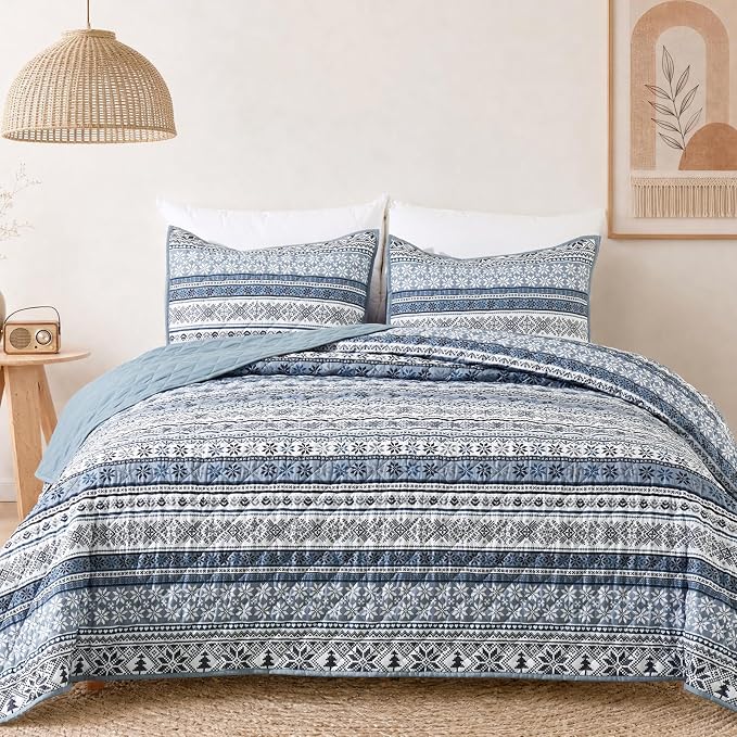 Boho Queen Quilt-Bohemian Quilts Queen Size Quilt Bedding Set | Reversible Lightweight Farmhouse Rustic Diamond Stitch Coverlet for All Seasons, 3 Pieces, Blue, 90"x94"