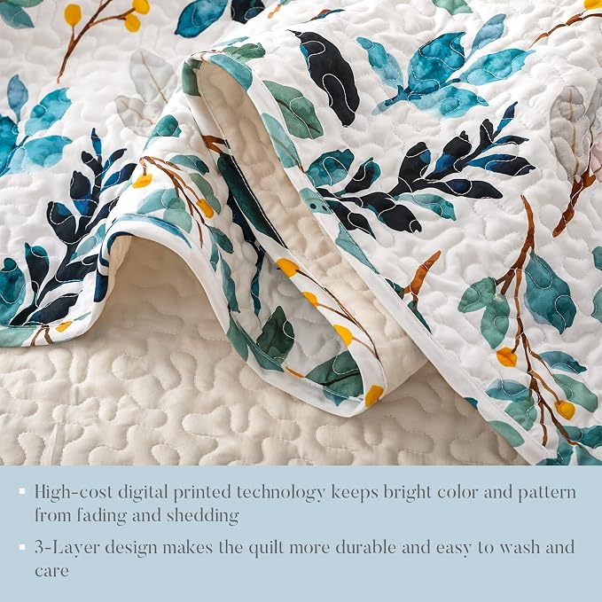 Whale Flotilla Patchwork Quilts Queen Size, Extra Soft Floral Bedspreads | Reversible Lightweight Full Queen Quilt Bedding Set for Bed, White Green Printed Coverlets, 2 Pillow Shams for All Seasons