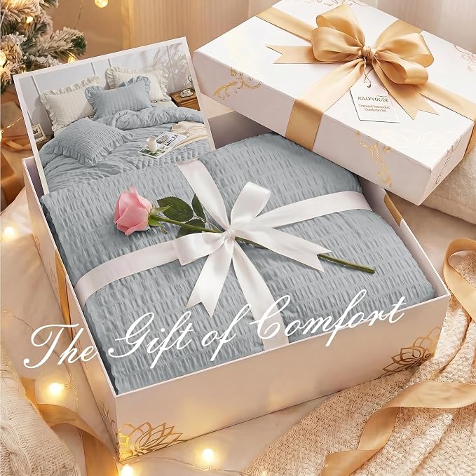 JOLLYVOGUE Light Grey Queen Comforter Set, 3 Pieces Seersucker Comforters Queen Size, Lightweight & Fluffy Bedding Sets Queen for All Season with 1 Ruffle Comforter and 2 Ruffle Pillowshams