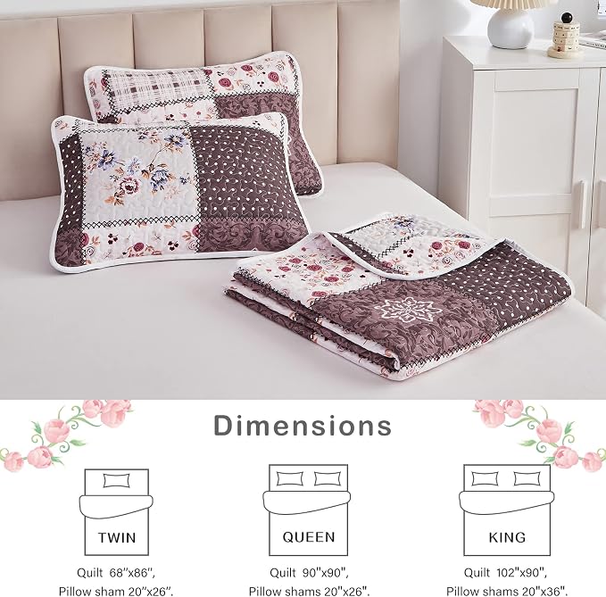 Patchwork Quilt Set King Size, 3 Pieces Brown Floral Plaid Summer Bedspread Coverlet Set, Soft Microfiber Reversible Lightweight Bed Cover for All Season (102" x 90", 1 Quilt+ 2 Pillow Shams)