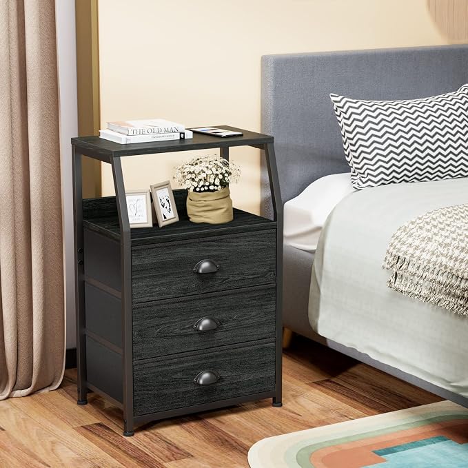 Furnulem Black Night Stand, Small Bedside Table for with 3 Fabric Drawers | Night stand with Drawers and 2-Tier Shelf, Small Dresser with Metal Frame and Wood Top, Storage Drawers for Dorm, Living Room
