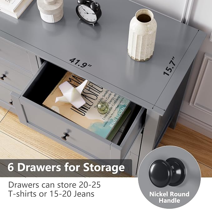 Garvee Grey 6-Drawer Dresser for Bedroom, 41.7" L Entryway Storage Drawers | Modern Lacquered Chest of Drawers, 15.8"D x 41.7"W x 31.5"H, Storage Dresser with Deep Drawers for Hallway Entryway
