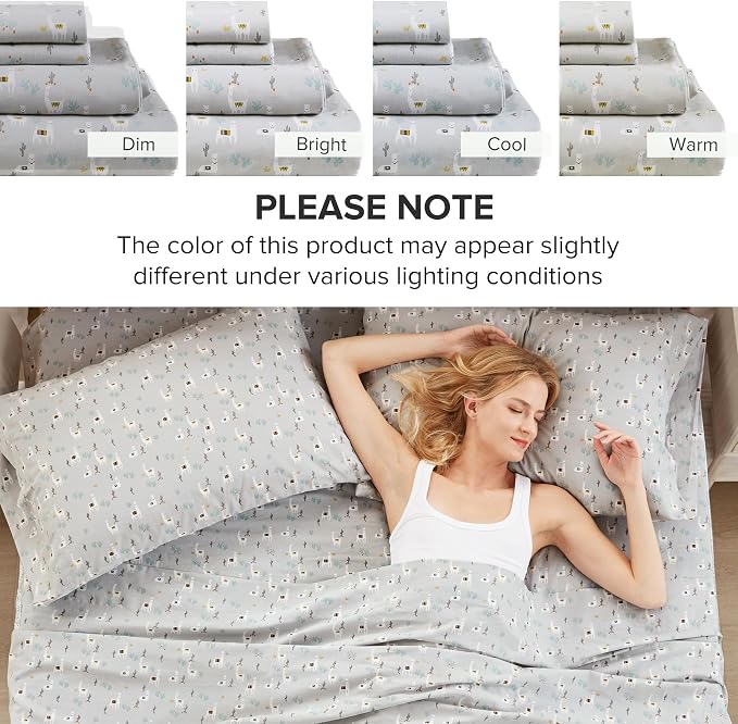 Comfort Spaces 100% Cotton Percale Sheets King Sheet Set 4 Pcs, Lama Multi | Crisp, Cool & Breathable Bed Sheets, 14" Deep Pocket Fits Up to 16" Mattress, Lightweight, All Season Cozy, with Pillow Case