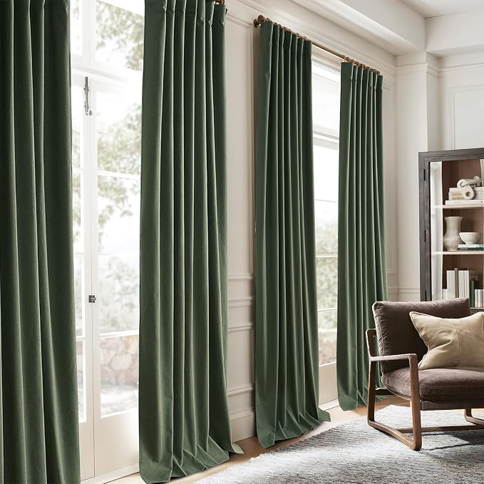 QJmydeco Green Country Kitchen Curtains 54 Inch Length Small Basement Window Blackout Cooling Curtains for Summer Heat Linen Cafe Classroom/Dorm Dark Olive Drapes Hook Belt/Back Tab(50"x54"x2 Panels)