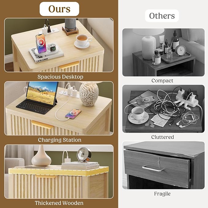 Night Stand Set 1, Fluted Wood Bedside Table w/Socket Station for Bedroom | Natural, Storage Drawer, Open Shelf, Metal Silent Rails, Round Corners, Modern Fluted Panel, Living Room, Bedside Table
