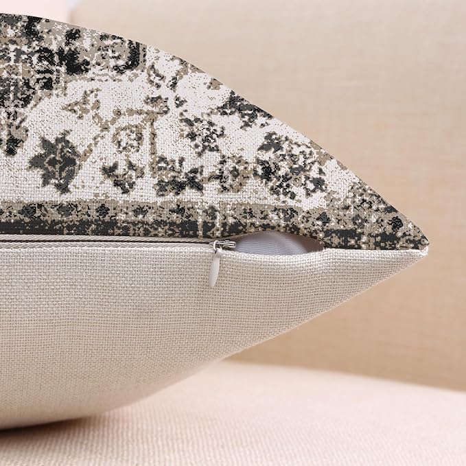 Outdoor Waterproof Pillow Covers - 18x18 Inch Set of 2 Bohemian Vintage Carpet Pattern Pillow Covers in Black & Grey Ethnic Design for Decorative Farmhouse, Couch, Garden, Balcony