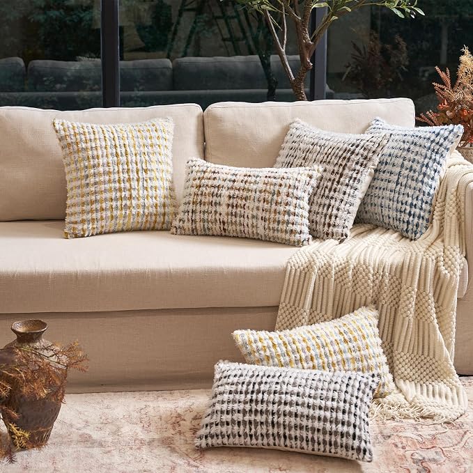 Aeckself Boho Chenille Tufted Pillow Cover 18 x 18 Inch, Decorative Square Throw Pillow Cover Neutral Pillowcase for Couch Bedroom Living Room, Brown White