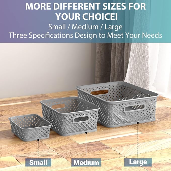 MaxGear 3 Pack Plastic Storage Baskets, Medium, Grey | Durable Woven Plastic with Built-In Handles, Suitable for Shelves, Closets, Cabinets, Bathrooms and Offices
