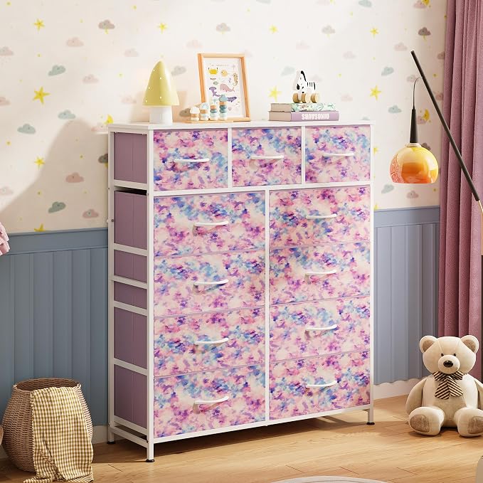 WLIVE Tall Dresser for Bedroom, 11 Drawer Chest of Drawers, Tie-Dye | 11 fabric storage drawers, Tall high-capacity design, Bedroom or dorm use, Sturdy steel frame, Smooth wood tabletop