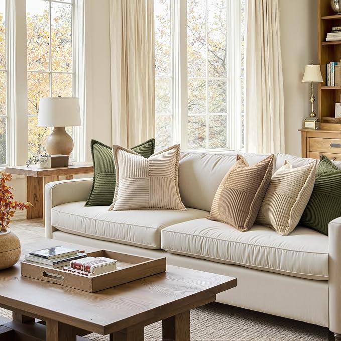 MIULEE Decorative Throw Pillow Covers for Couch 18x18 Inch Olive Green | 2 Pack, Boho Broadside Striped Patchwork Pillow Covers, Soft Corduroy Cushion Cases, For Sofa Bed Livingroom Home Decor