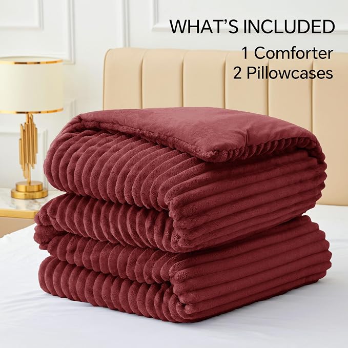 BEDELITE Fleece Full Comforter Set, Fluffy Bed Set, Burgundy | Super Soft & Warm Bedding, Luxury Fuzzy Faux Fur Comforter for Winter, Heavy Plush Bedding, with 2 Pillowcases