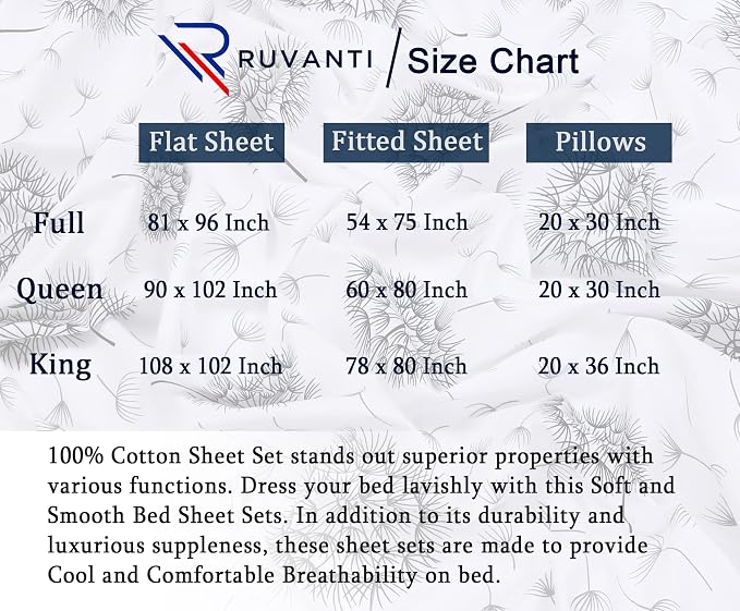 RUVANTI 100% Cotton Percale Sheets Queen Size, Dandelion | Crisp Cooling, Deep Pocket 16", Soft Breathable & Durable, Hotel-Style, 4 Piece Set