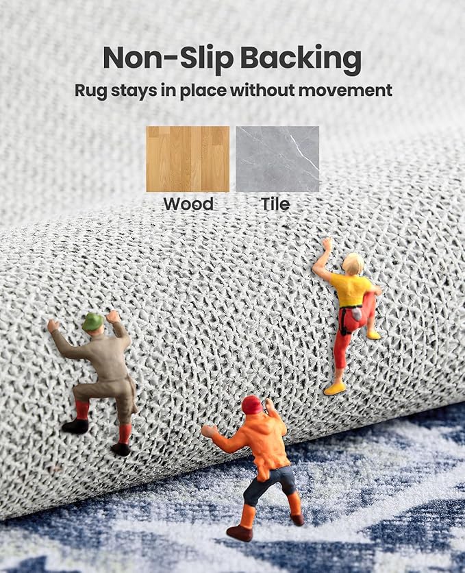 AMADA HOMEFURNISHING Washable Area Rug, Low-Profile Large Area Rug with Non-Slip Backing & Durable Edge Binding, Vintage Large Rugs for Living Room, Bedroom, Dinning Room, 8x10, Navy Blue/White