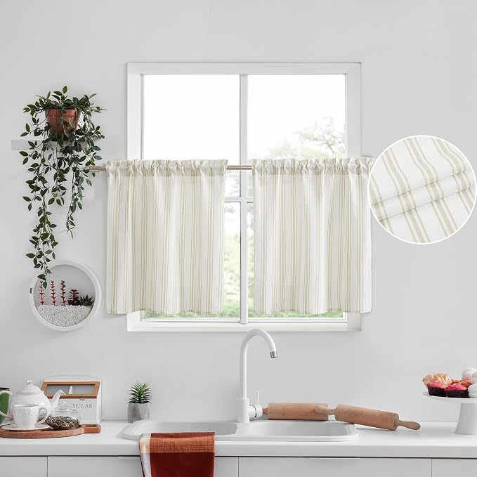 ZJDECOR Cotton Blended Tier Cafe Curtains with Beige Stripes,27" Wx24 Lx2 | Kitchen Curtains,Semi Sheer,Rod Pocket,Cotton Blend Tiers,Cottage Farmhouse Rusitc,Kitchen Bathroom RV Window Treatment
