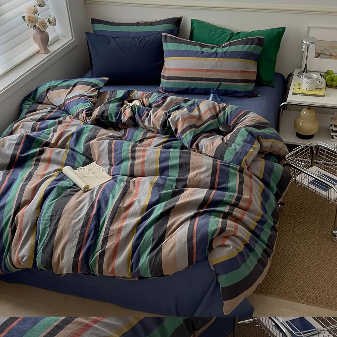 mixinni Blue Striped Duvet Cover Twin Size 100% Washed Cotton 3 Pcs Vintage Striped Bedding Set Soft Breathable Comforter Cover Set for Boys Girls Bedroom