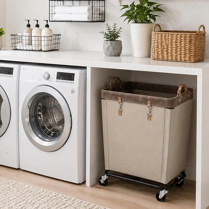 StorageWorks 210L Laundry Basket with Wheels, Rolling Hampers for Clothing | Large Light Kahki Laundry Basket with Wheels & Handles, Rolling Cart for Bedroom, Bathroom, Dorm, Hotel