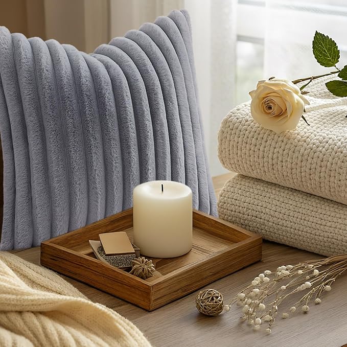decorUhome Fall Faux Fur Throw Pillow Covers 22x22 Set of 2 Grey | Decorative Soft Cozy Striped Plush Modern Farmhouse Boho Couch Pillow Cases Velvet Back for Sofa Bed Living Room Home Decor