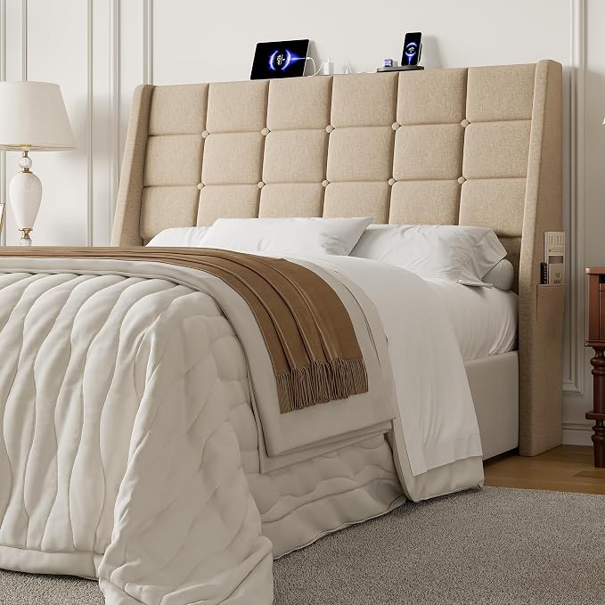 Full Size Headboard with Charging Station, Wingback Ergonomic Headboards | Wingback Upholstered Bed Head Board with Storage Pocket, Sturdy Stable Solid Wood Headboard Only, Bed Frame Adapters, Beige