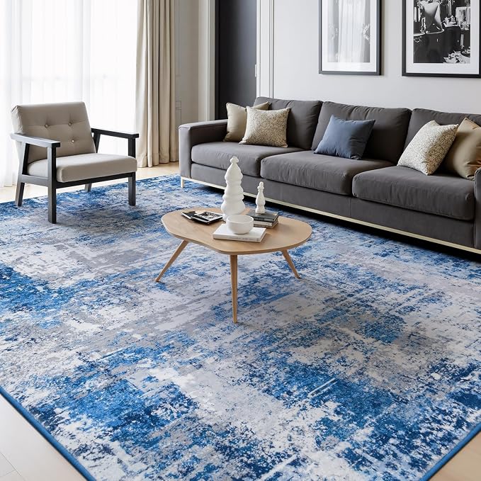 Rugflix 8x10 Area Rugs for Living Room, Washable Blue Grey Large Rug | Machine Washable; Stain-Resistant; Low Pile; Non-Slip; Modern Abstract; Carpet for Bedroom Dining Office Nursery Home