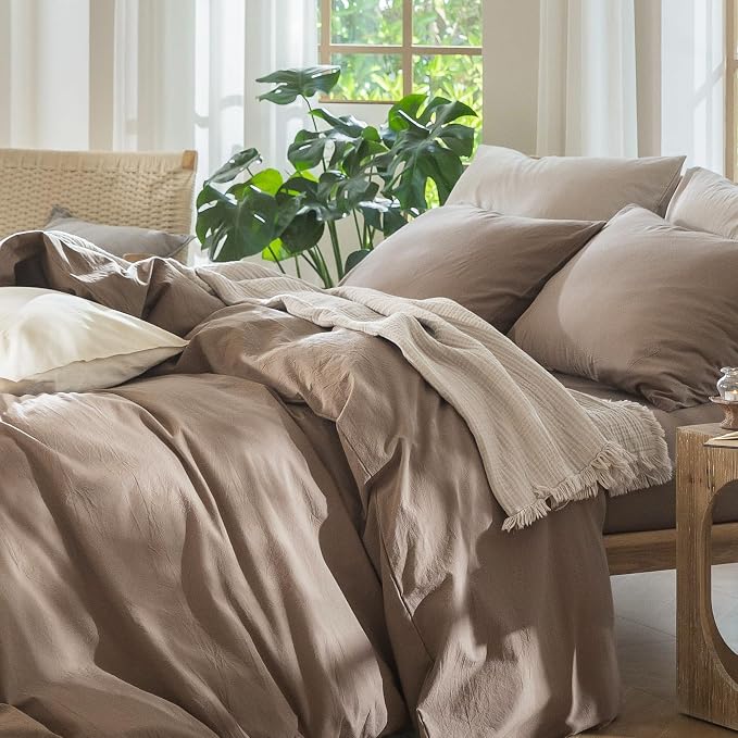 MooMee Duvet Cover Set 100% Washed Cotton Linen Like Full | Relaxed Linen-like Texture. Soft, Breathable & Long-lasting Comfort. Lightweight. Hidden Zipper with 8 Interior Corner Ties