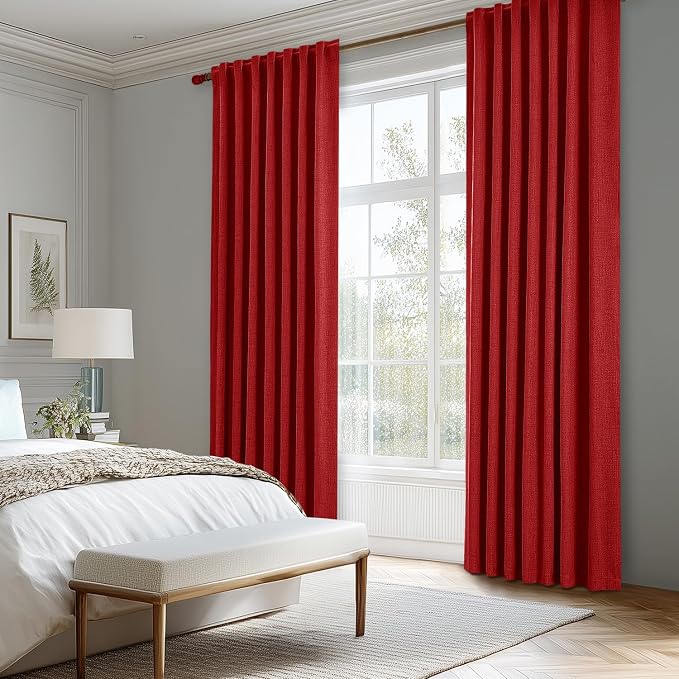 MIULEE 100% Blackout Linen Curtains 42 x 84 Inch Christmas Red 2 Panels | Thermal Insulated, Room Darkening Drapes for Bedroom Living Room, Back Tab Rod Pocket Pinch Pleated, Solid Luxury Decor