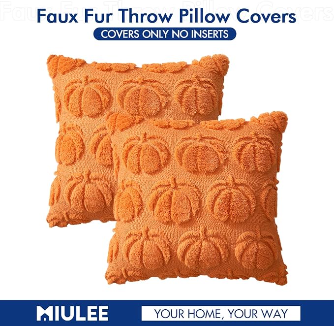 MIULEE Fall Pillow Covers Pumpkin Fall Decor 20x20 Orange | Set of 2 Fall Decorations for Home, Plush Faux Fur Farmhouse Accent Pillowcases, Porch Sofa Couch Cushion Bed Livingroom