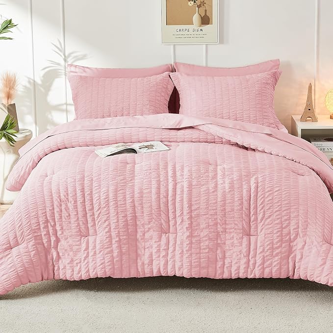 HYMOKEGE Pink Oversized Queen Comforter Set Seersucker 7 Pieces, All Season Luxury Bed in a Bag for Bedroom, Bedding Set with Comforter, Sheets, Pillowcases & Shams