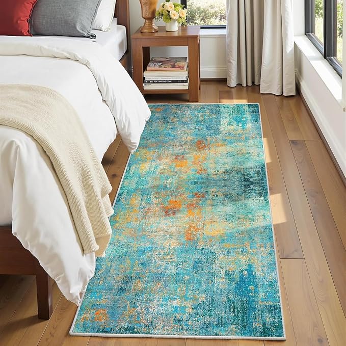 RELEANY Washable Runner 2'x10' Abstract Area Rug for Hallway Teal Multi | Carpet for Kitchen, Entryway, Bathroom, Living Room, Bedroom, Printed Pattern, Non‑Slip, Soft, Stain‑Resistant, Easy to Clean