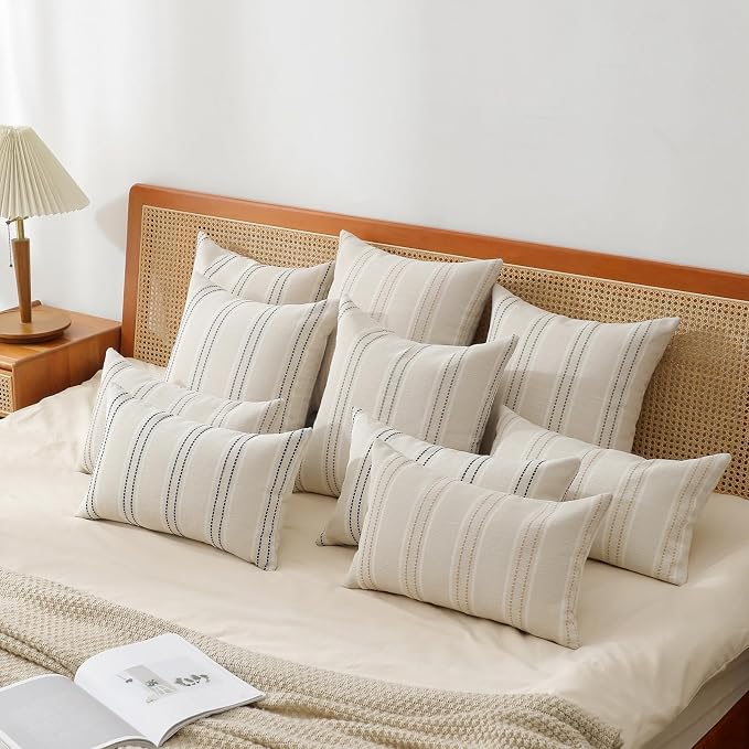 Hckot Linen Throw Pillow Covers 16x16 Set of 2 Khaki Striped Pillow Covers | Textured Linen Decorative Pillows Square Cushion Covers for Sofa Couch Bed Living Room Farmhouse Decor