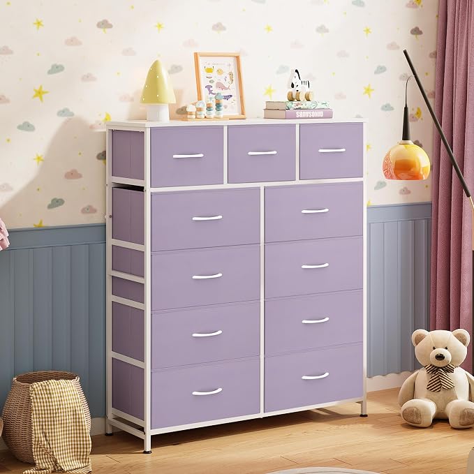 WLIVE Tall Dresser for Bedroom, 11 Drawer Chest of Drawers, Purple | 11 fabric storage drawers, Tall high-capacity design, Bedroom or dorm use, Sturdy steel frame, Smooth wood tabletop