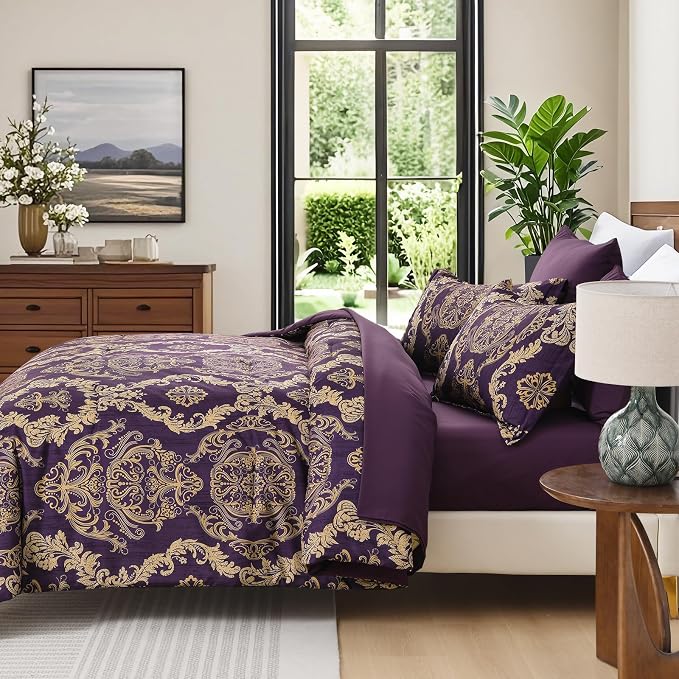 WONGS BEDDING Purple Comforter Set Queen Size,Damask Texture 7 Pieces Bed in a Bag Microfiber Comforter Bedding Sets -1 Comforter, 1 Flat Sheet, 1 Fitted Sheet, 2 Pillow Shams, 2 Pillowcases