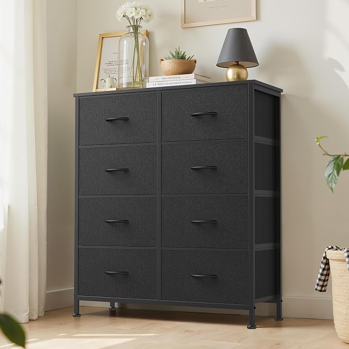 Sweetcrispy 8 Drawer Dresser with Fabric Bins for Bedroom Storage, Black | Closet Organizer, Tall Chest of Drawers with Steel Frame and Wood Top, Easy Pull Handles, Hallway Entryway