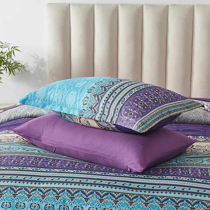 Cottolester Boho Comforter Set King Size 8 Piece Bed in a Bag Bohemian Striped Bedding Quilt Set Aqua Paisley Floral Comforter and Sheet Set,Soft Microfiber Complete Bedding Sets for All Season