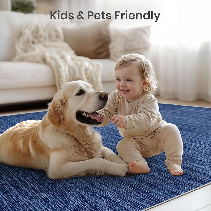 8x10 Area Rugs for Living Room, Large Washable Rug Non Slip Navy | Soft Low Pile, Thin & Lighweight Carpet, Folable Stain Resistant Modern Indoor Floor Mat for Bedroom, Dining Room, Home Decor