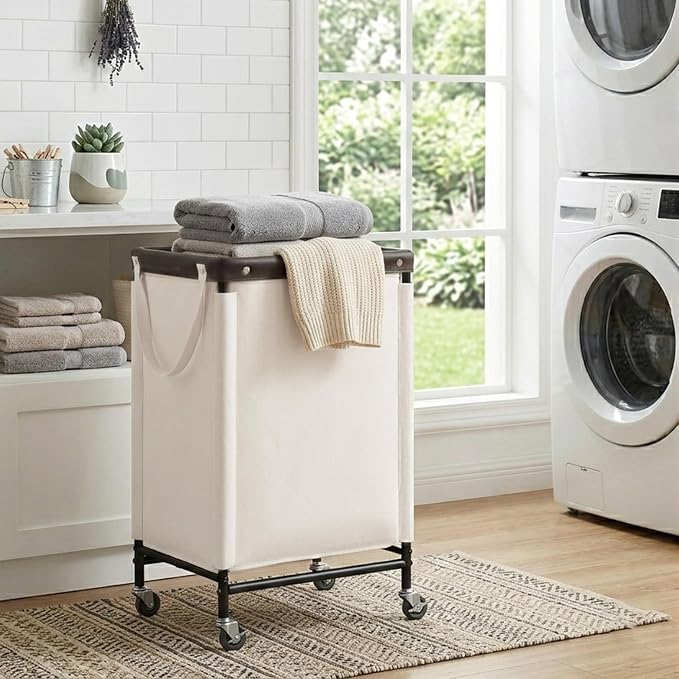 StorageWorks Laundry Hamper with Wheels and Removable Liner Bag, Beige, 90L | Laundry Hamper with Wheels & Removable Liner, Beige Rolling Cart for Bedroom, Bathroom, Apartment