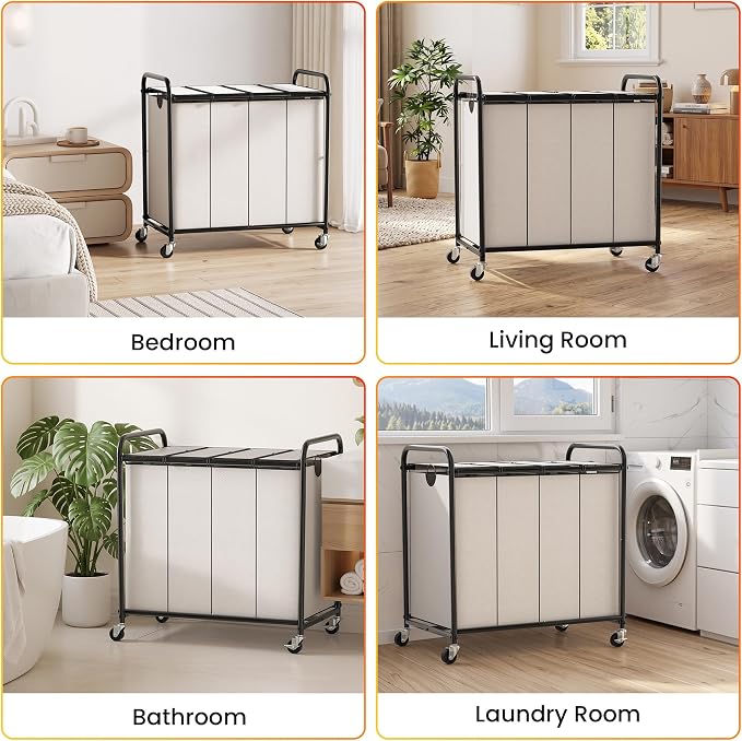 Laundry Sorter 4 Sections 48 Gal, Rolling Laundry Basket with Wheels & Lid | Laundry Hamper, 4 Separated Removable Bags, Lockable Wheels, Dirty Clothes Hamper for Laundry Room Organizer, White
