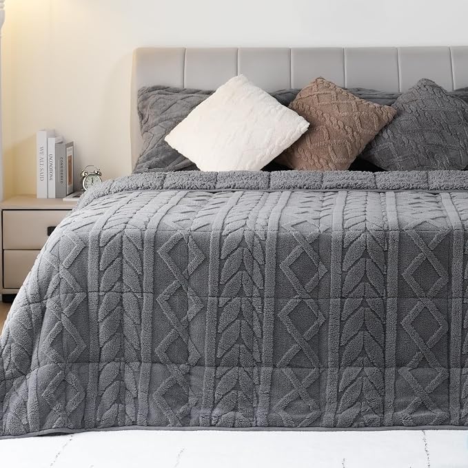 Cottonblue Weighted Blanket for Adults Queen Size 20lbs 60x80in Soft Fleece | Sherpa Jacquard Weighted Blankets Throw for Sleep Calm Relax, Chunky Warm Grey Heavy Blanket for Bed Sofa Couch, Washable
