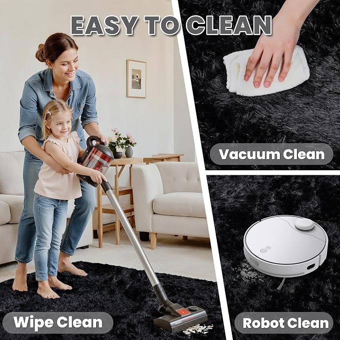 5x8 Fluffy Shag Area Rugs for Living Room Bedroom: Soft Plush Carpet Black | Upgraded Non-Slip Thick Memory Foam, Ultra Soft, Non-Shedding Fuzzy Carpet, Easy Clean Decor for Kids Room, Nursery, Playroom