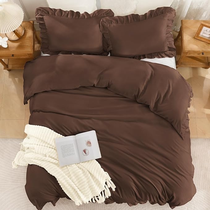 Andency Brown Ruffle Duvet Cover King, Shabby Chic Farmhouse Bedding Set | 3 Pieces Soft Washed Polyester Vintage Ruffled Comforter Cover Set with Zipper Closure & Corner Ties, 104x90Inch