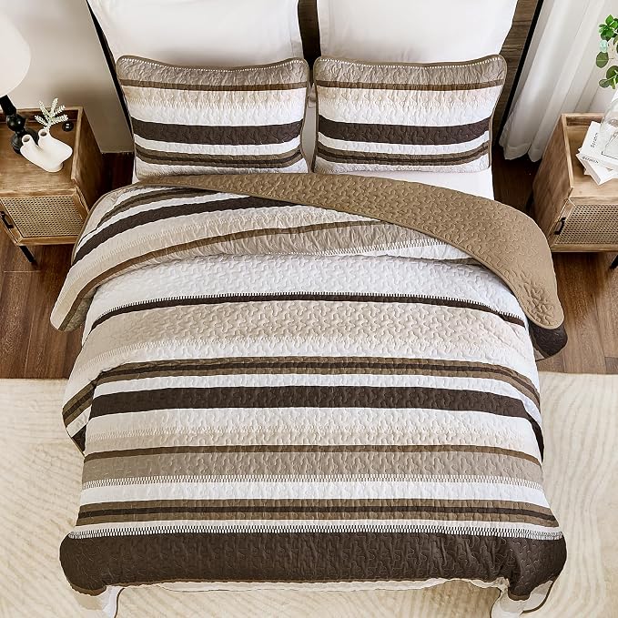 WONGS BEDDING Striped King Quilt Bedding Set, Brown Lightweight Bedspread | Lightweight Microfiber Coverlet, Breathable All-Season, Machine Washable, 3-Piece Set 110"x90", Great for Men Boys Dorm Room